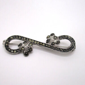 Vintage Sterling Silver BM Denmark Designer Tiny Marcasite Scroll Brooch